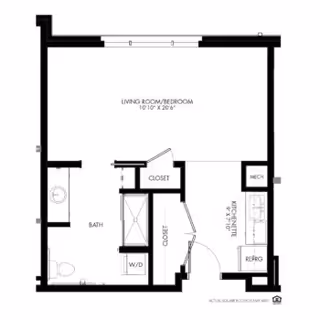Black-and-white floor plan of a studio apartment showing a living room/bedroom, bathroom, kitchen/utility area, closets, and a washer/dryer.