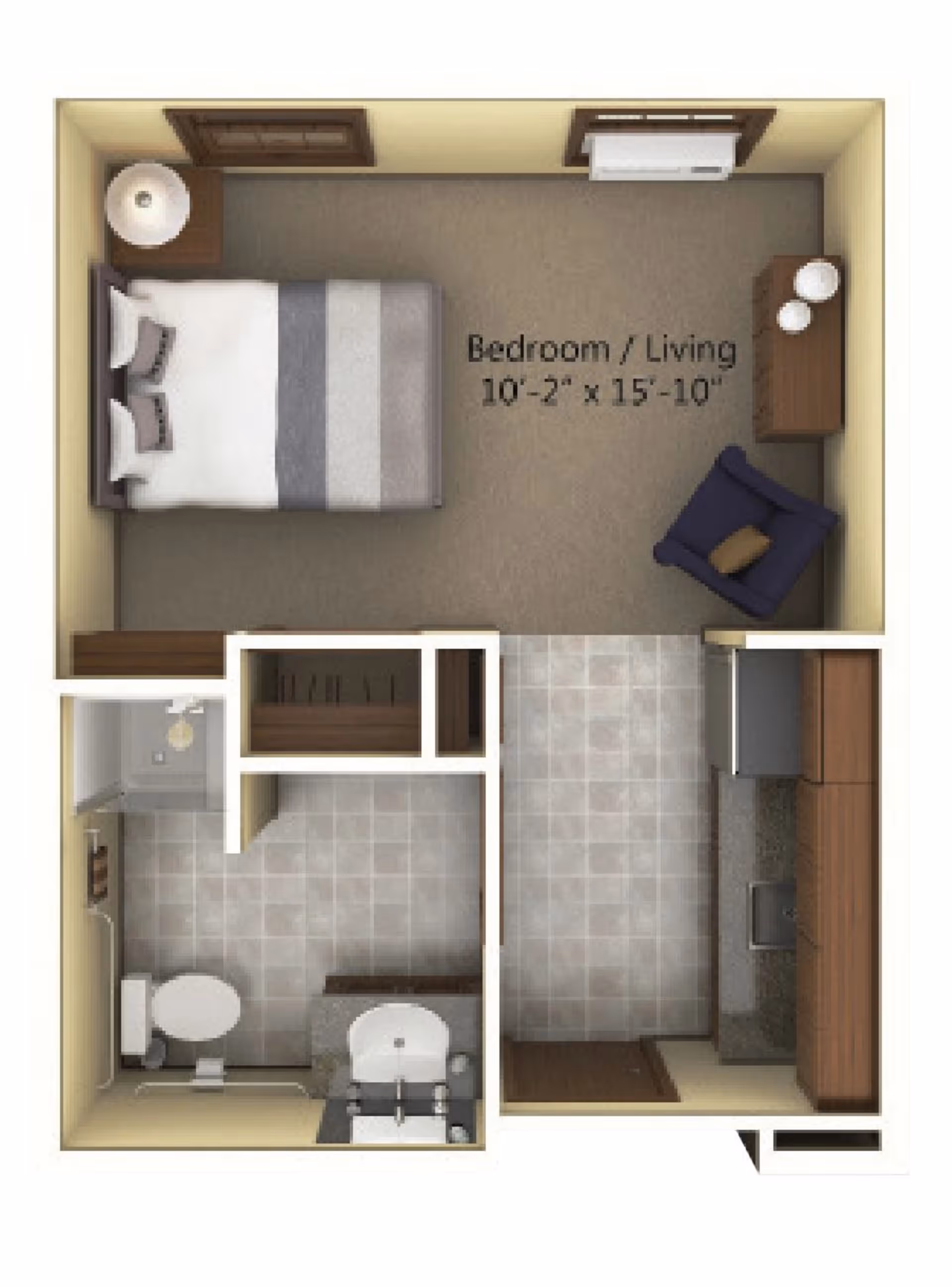 Top-down floor plan of a studio layout with a combined bedroom/living area, kitchenette, bathroom, and closet.