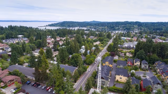 Aerial view of a suburban neighborhood with many houses, trees, and a main road running through the center. The landscape extends to a body of water and forested hills in the distance under a cloudy sky.