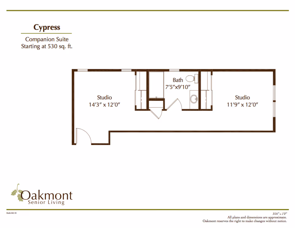 Floor plan of Cypress Companion Suite at Oakmont Senior Living, showing two studio rooms measuring 14'3" x 12'0" and 11'9" x 12'0", with a centrally located bathroom measuring 7'5" x 9'10".