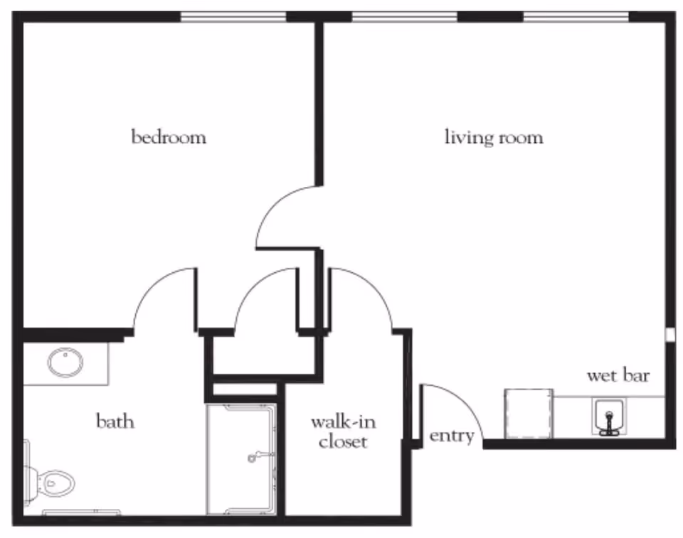 Floor plan layout showing a one-bedroom apartment with a bedroom, living room with wet bar, bathroom, walk-in closet, and entry area.