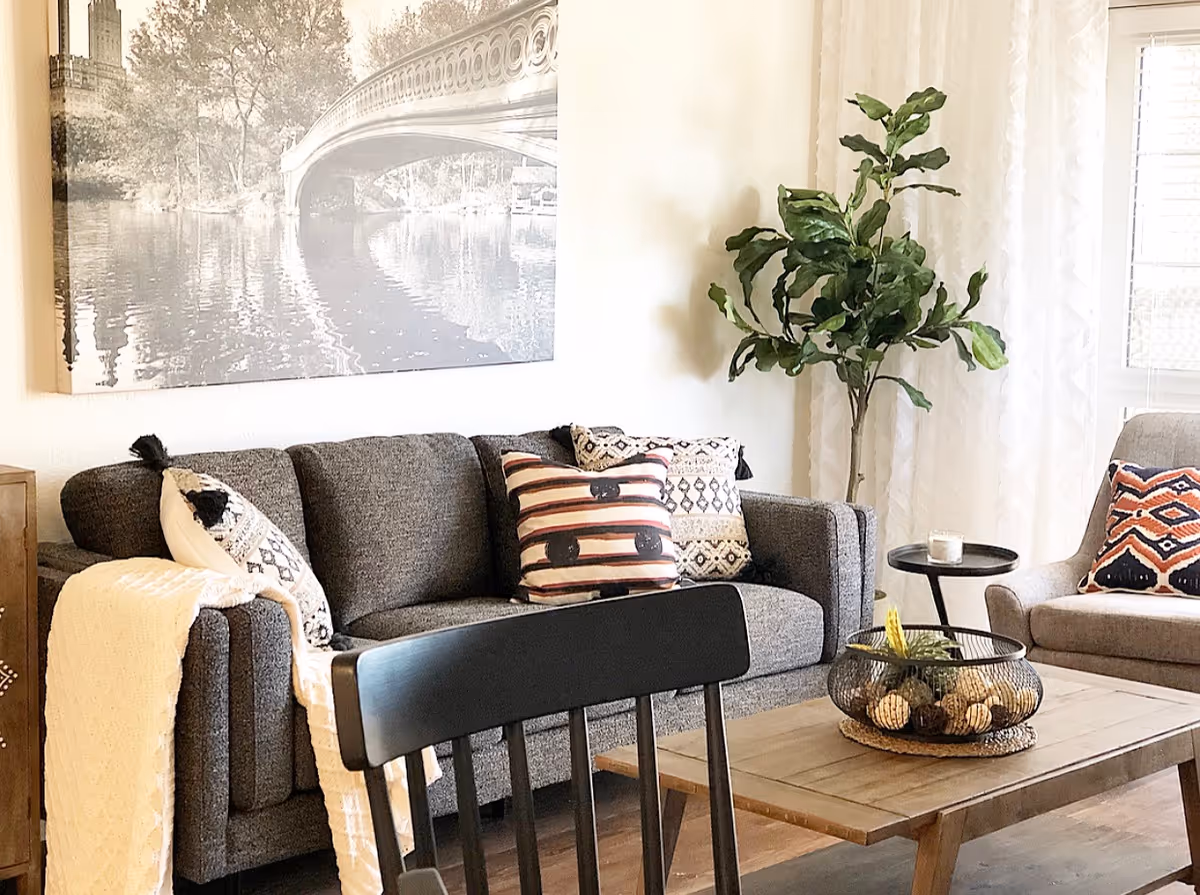 A cozy living room with a gray sofa adorned with patterned throw pillows and a cream-colored blanket. A wooden coffee table holds a decorative bowl with natural elements. A green potted plant stands in the corner near a window with sheer white curtains. A black chair is partially visible in the foreground, and a large black-and-white photo of a bridge over water hangs on the wall above the sofa.