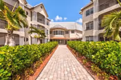 Brick walkway lined with hedges and palm trees leading to the entrance of a multi-story senior living building with balconies.