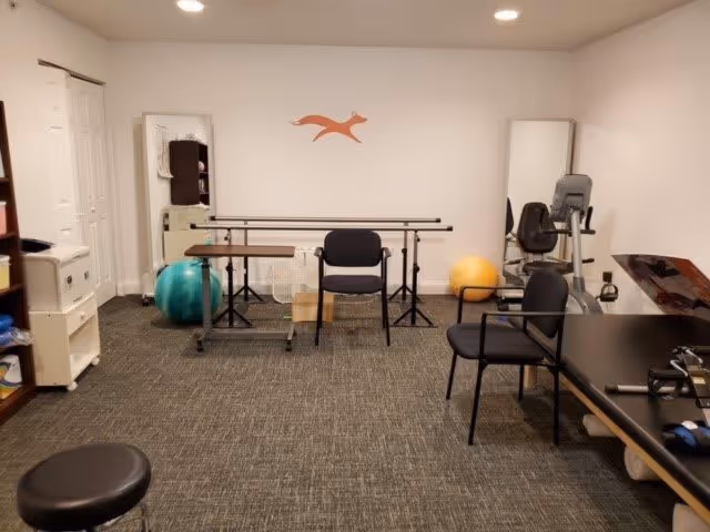 A therapy or exercise room with various equipment including a blue exercise ball, yellow exercise ball, parallel bars, chairs, a stationary bike, and a small table. The room has carpeted flooring, white walls, and recessed lighting. There is a decorative orange fox figure mounted on the wall.