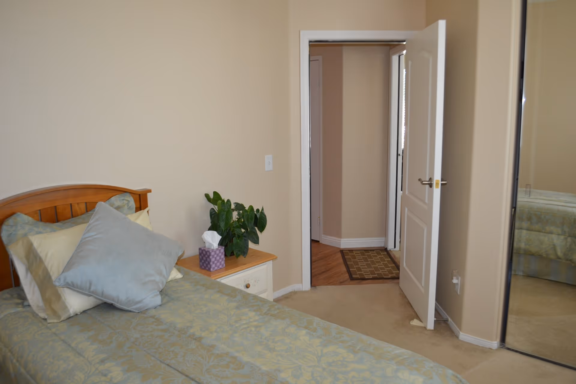 A bedroom with a single bed featuring a wooden headboard, light green patterned bedding, and multiple pillows. Next to the bed is a small nightstand with a potted plant and a tissue box. The room has beige walls and carpet, an open white door leading to a hallway with wooden flooring, and a mirrored closet door on the right side.
