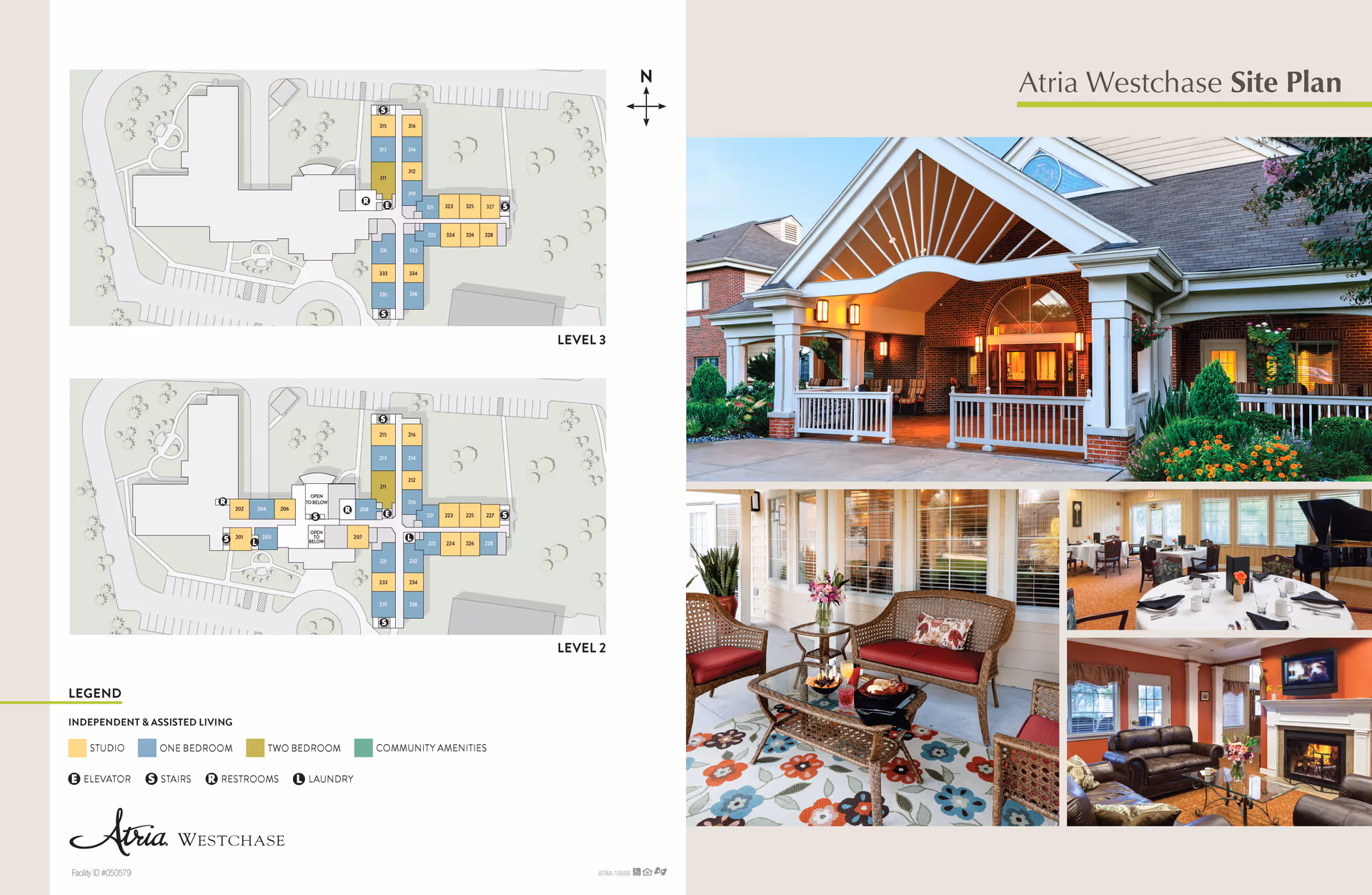 Site plan of Atria Westchase showing level 2 and level 3 floor layouts with color-coded units for studio, one bedroom, two bedroom, and community amenities. The right side features images of the facility's exterior entrance with a covered porch, a cozy outdoor seating area with wicker furniture and a floral rug, a dining room with tables set for meals, and a living room with leather sofas and a fireplace.
