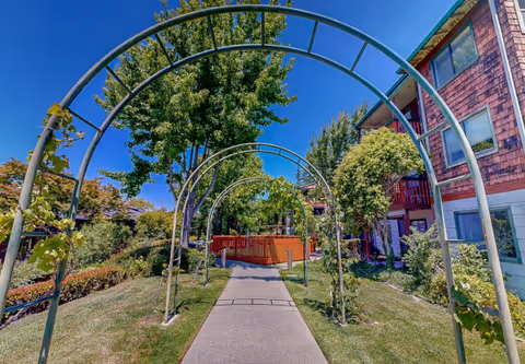 A paved walkway with metal arch trellises on both sides, surrounded by green grass, trees, and shrubs. To the right, there is a multi-story building with wooden siding and balconies. The sky is clear and blue.