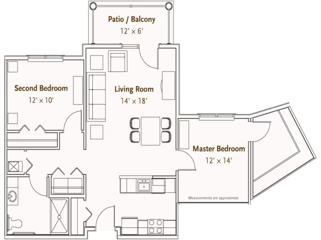 Floor plan of a residential unit at Hearthstone Village showing a living room with seating and dining area, a master bedroom, a second bedroom, a kitchen, a bathroom, and a patio/balcony.