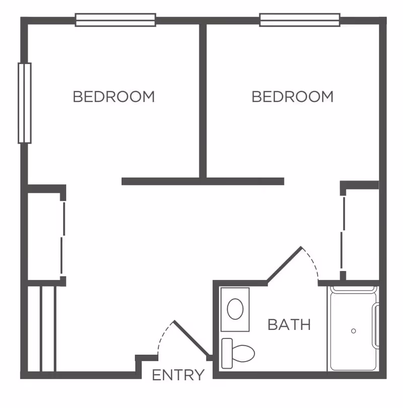 Floor plan of a living space at Woodbridge Terrace showing two bedrooms, one bathroom, and an entry area. The layout includes windows in each bedroom and a bathroom with a toilet, sink, and bathtub.