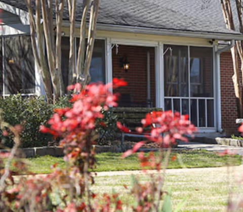 View of the front porch of a brick building with a bench, a lamp, and a screened door, partially obscured by red flowering plants in the foreground.