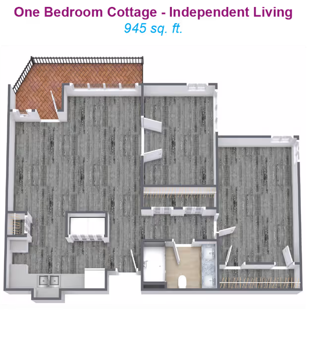 Top-down floor plan of a one-bedroom cottage independent living unit (945 sq. ft.) showing rooms, closets, bathroom, kitchen and an outdoor patio.