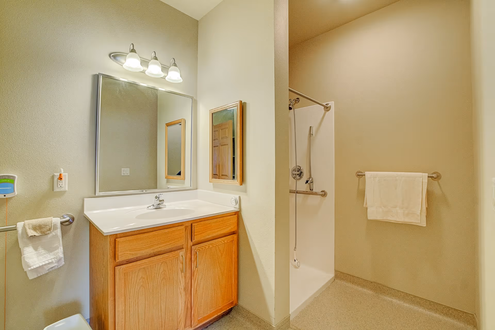 A bathroom with a wooden vanity cabinet, white sink, and a large mirror above it. There are three light fixtures mounted above the mirror. To the right, there is a walk-in shower with a handheld showerhead and a towel hanging on a bar on the wall. A small towel is also hanging on a bar to the left of the vanity.