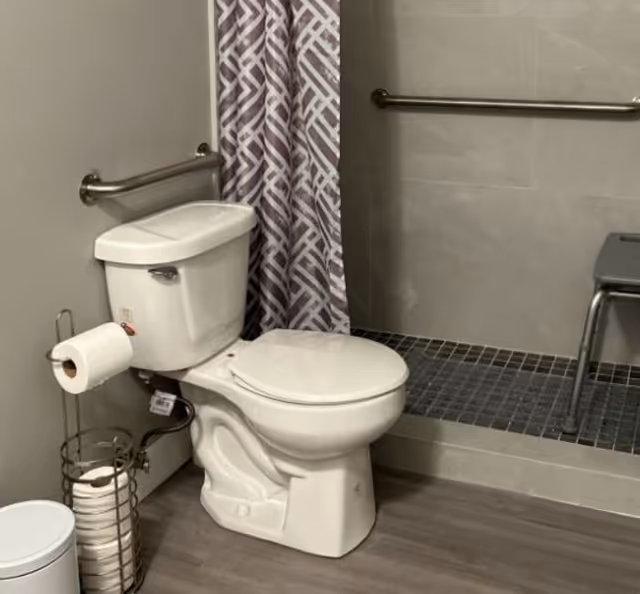 Accessible bathroom featuring toilet with grab bars, a patterned shower curtain, and a bench.