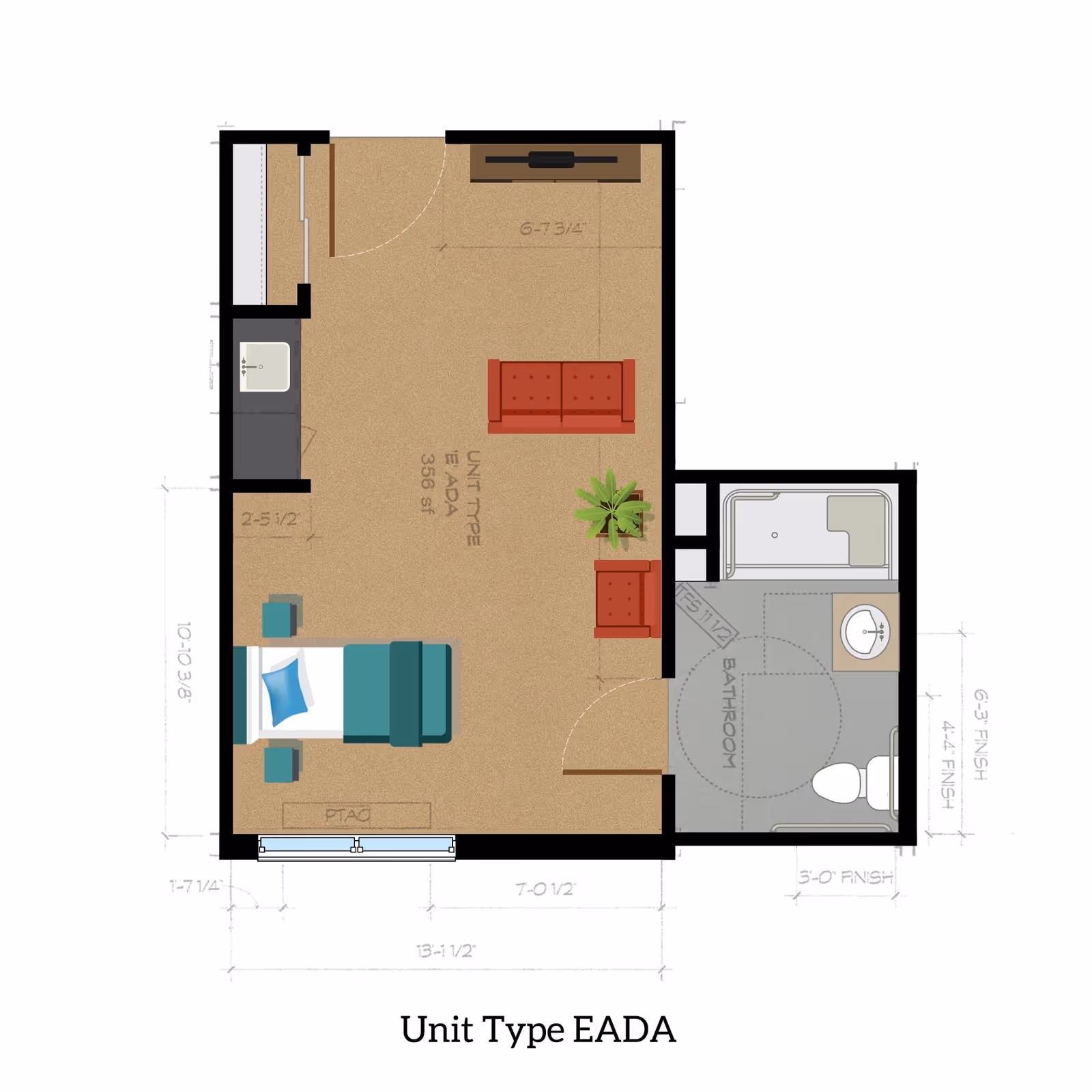 Floor plan of a unit labeled 'Unit Type EADA' showing a combined living and sleeping area with a bed, two small tables, two red chairs, a red sofa, a plant, a TV stand, a kitchenette with a sink, and an adjacent bathroom with a toilet, sink, and shower.