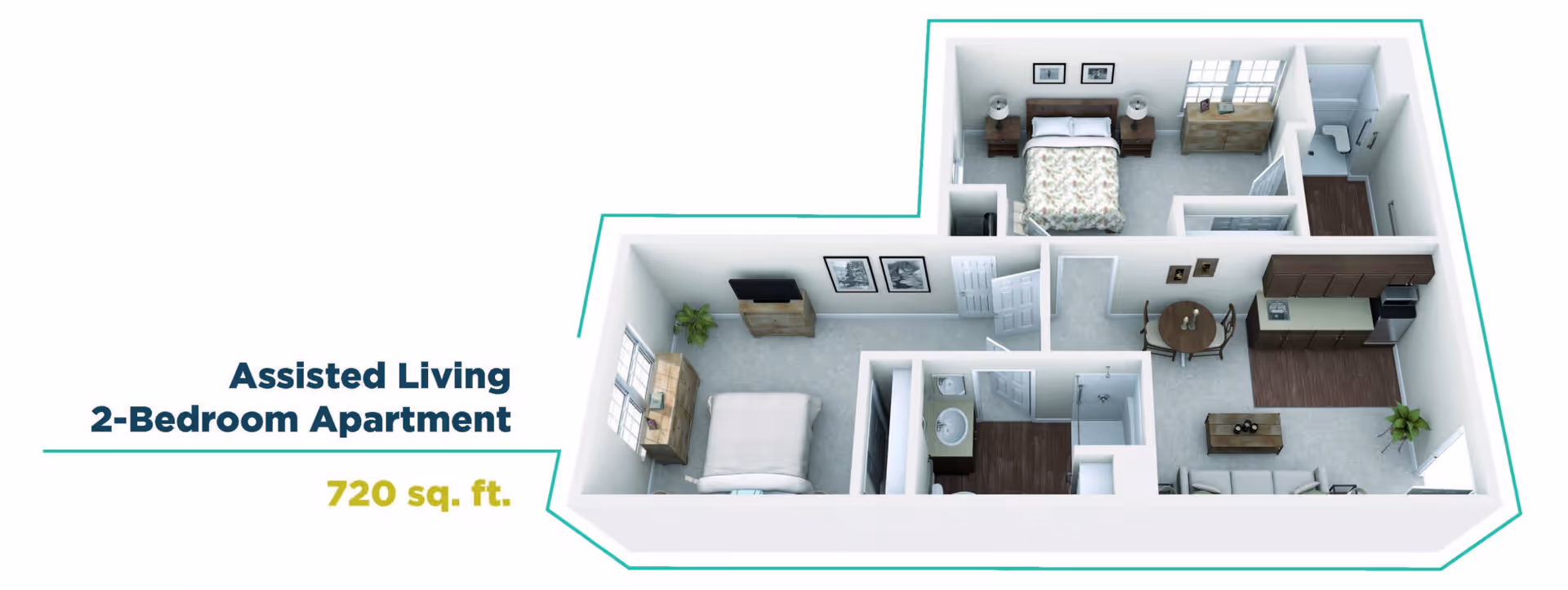 3D floor plan of an assisted living 2-bedroom apartment with 720 square feet, showing two bedrooms, a living room, a kitchen with dining area, and two bathrooms.