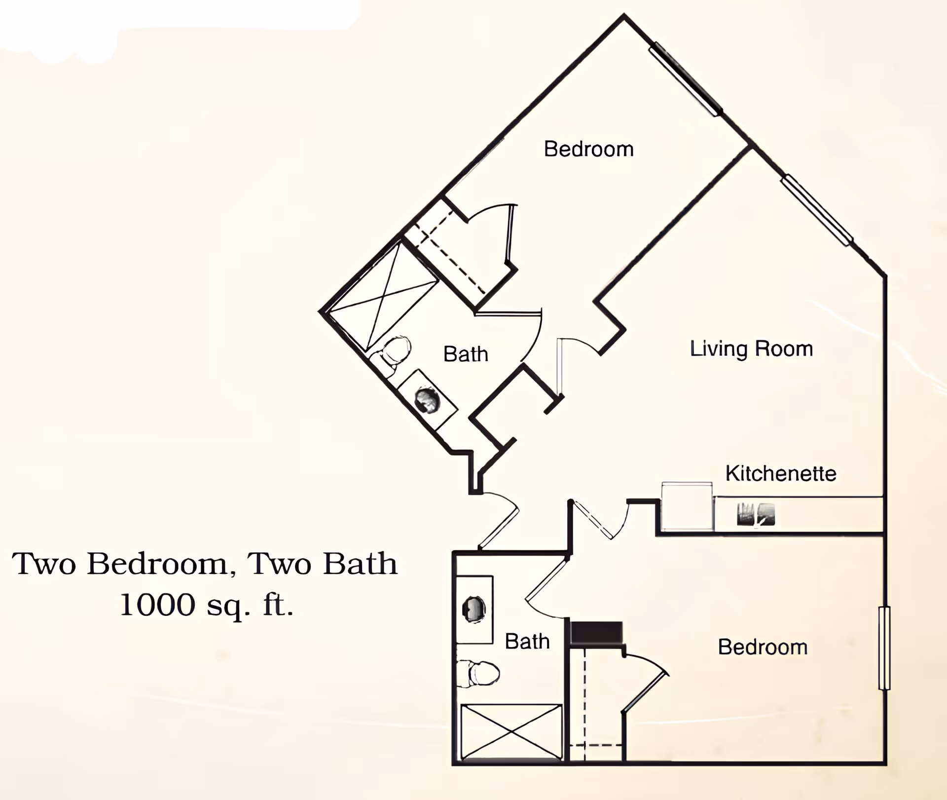 Floor plan of a two-bedroom, two-bath apartment with 1000 square feet, showing labeled rooms including two bedrooms, two bathrooms, a living room, and a kitchenette.