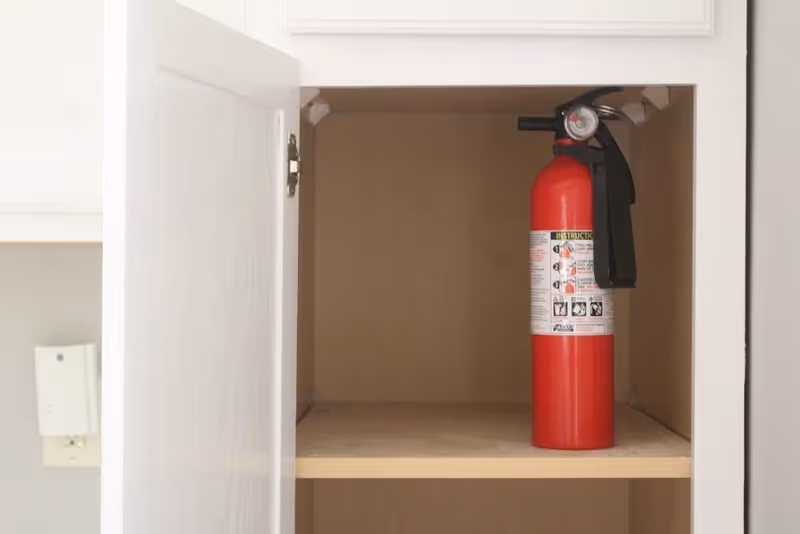 Open white cabinet with a red fire extinguisher sitting on the middle shelf.