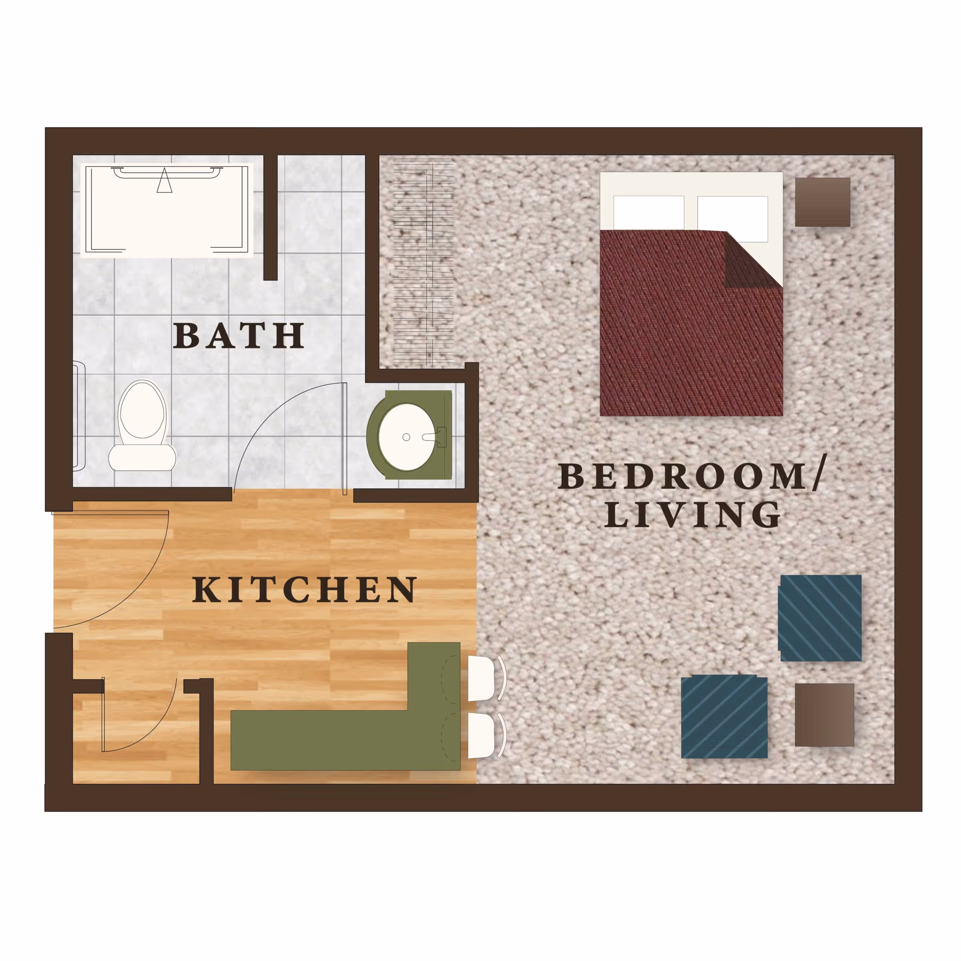 Floor plan of a small assisted living unit showing a combined bedroom and living area with a bed and seating, a kitchen area with a counter and two stools, and a bathroom with a toilet, sink, and bathtub.