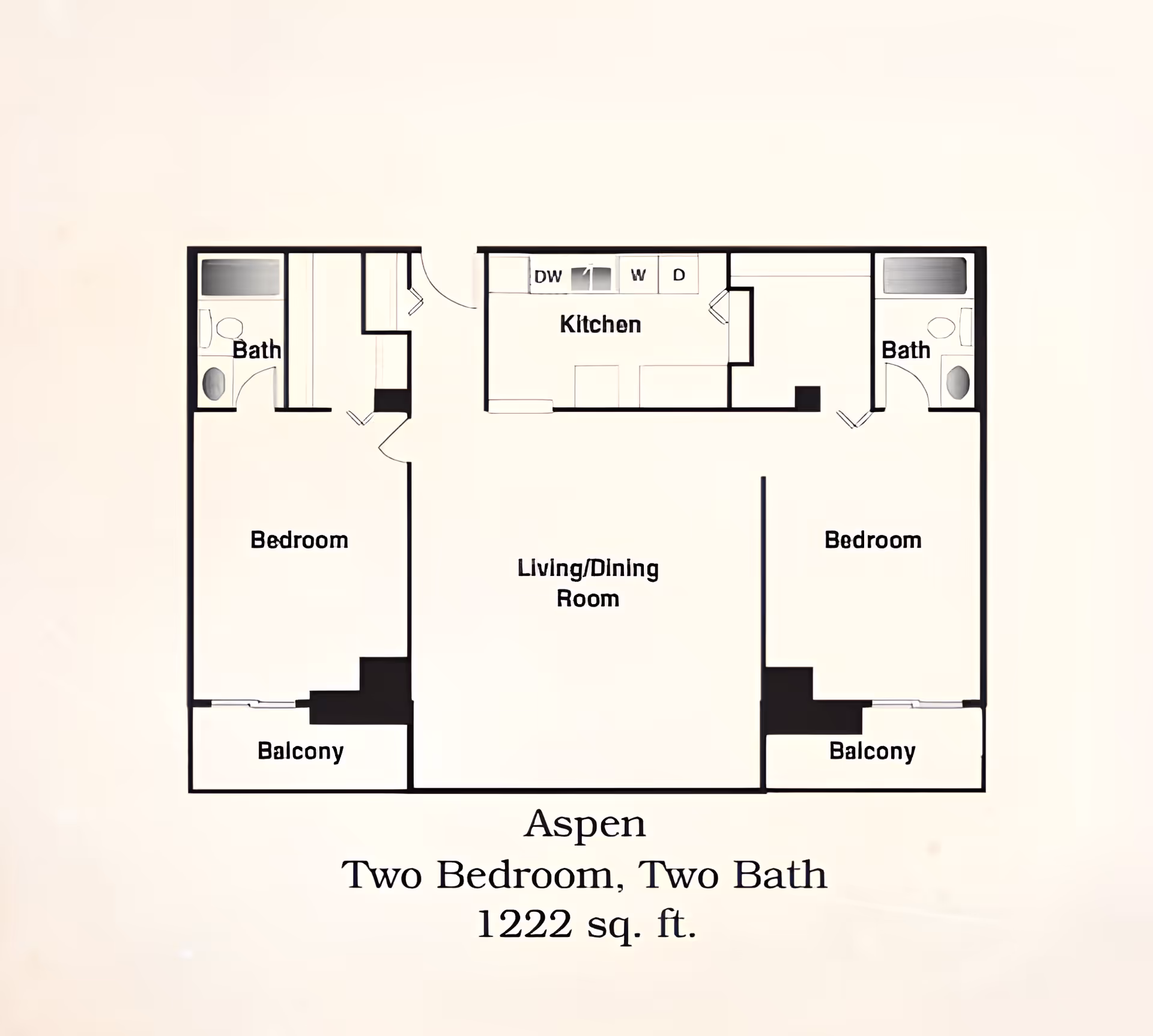 Floor plan of Aspen apartment at Hammond Glen Retirement Community showing two bedrooms, two bathrooms, a kitchen, a living/dining room, and two balconies, covering 1222 square feet.