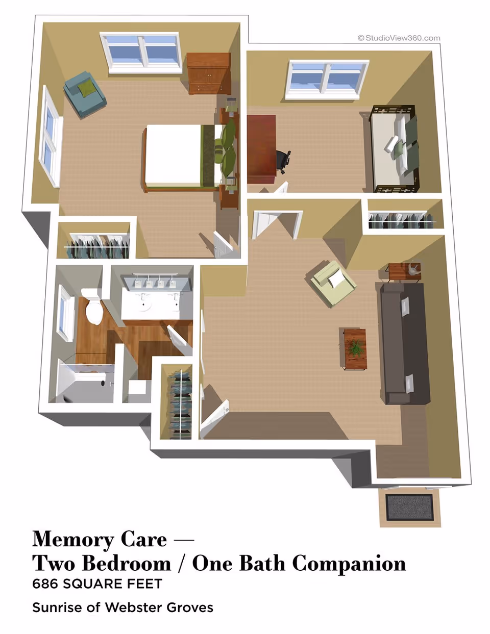 3D floor plan of a memory care two-bedroom, one-bath companion apartment with 686 square feet at Sunrise of Webster Groves. The layout includes two bedrooms, one bathroom with a shower, a living room with a sofa and chair, and closets. The bedrooms have beds, chairs, desks, and dressers.