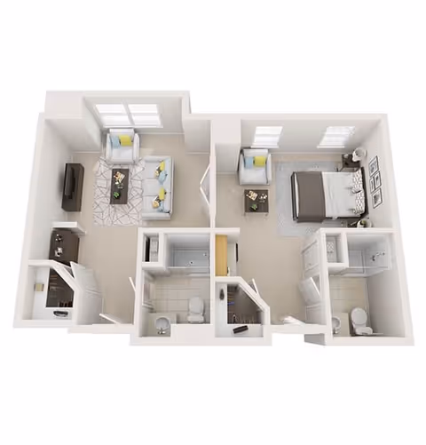 3D top-down floor plan of a one-bedroom apartment showing a living room, kitchen, bedroom, two bathrooms, and closets.