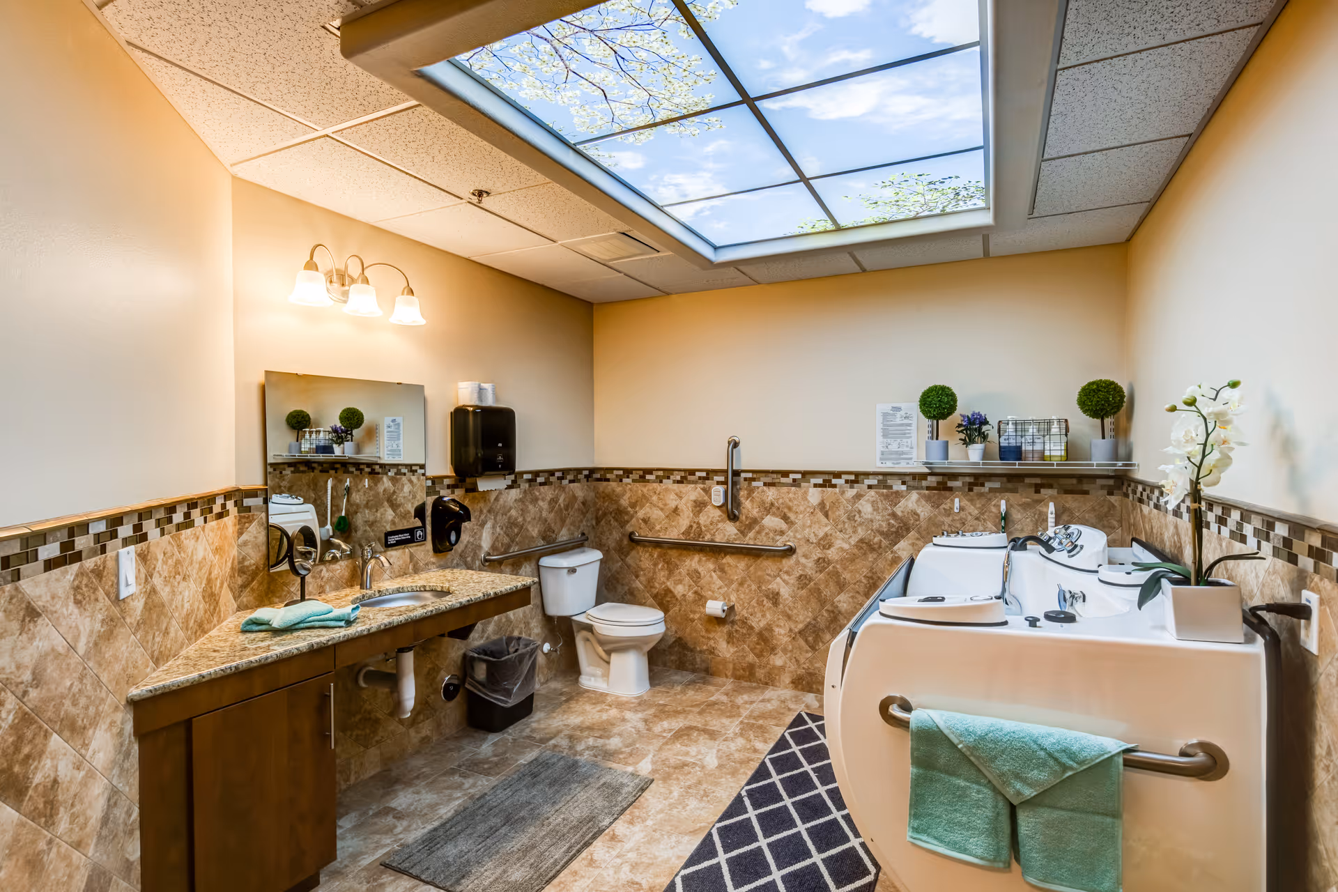 Accessible bathroom with a walk-in tub, toilet, sink vanity, grab bars, decorative tiles and a skylight ceiling panel.