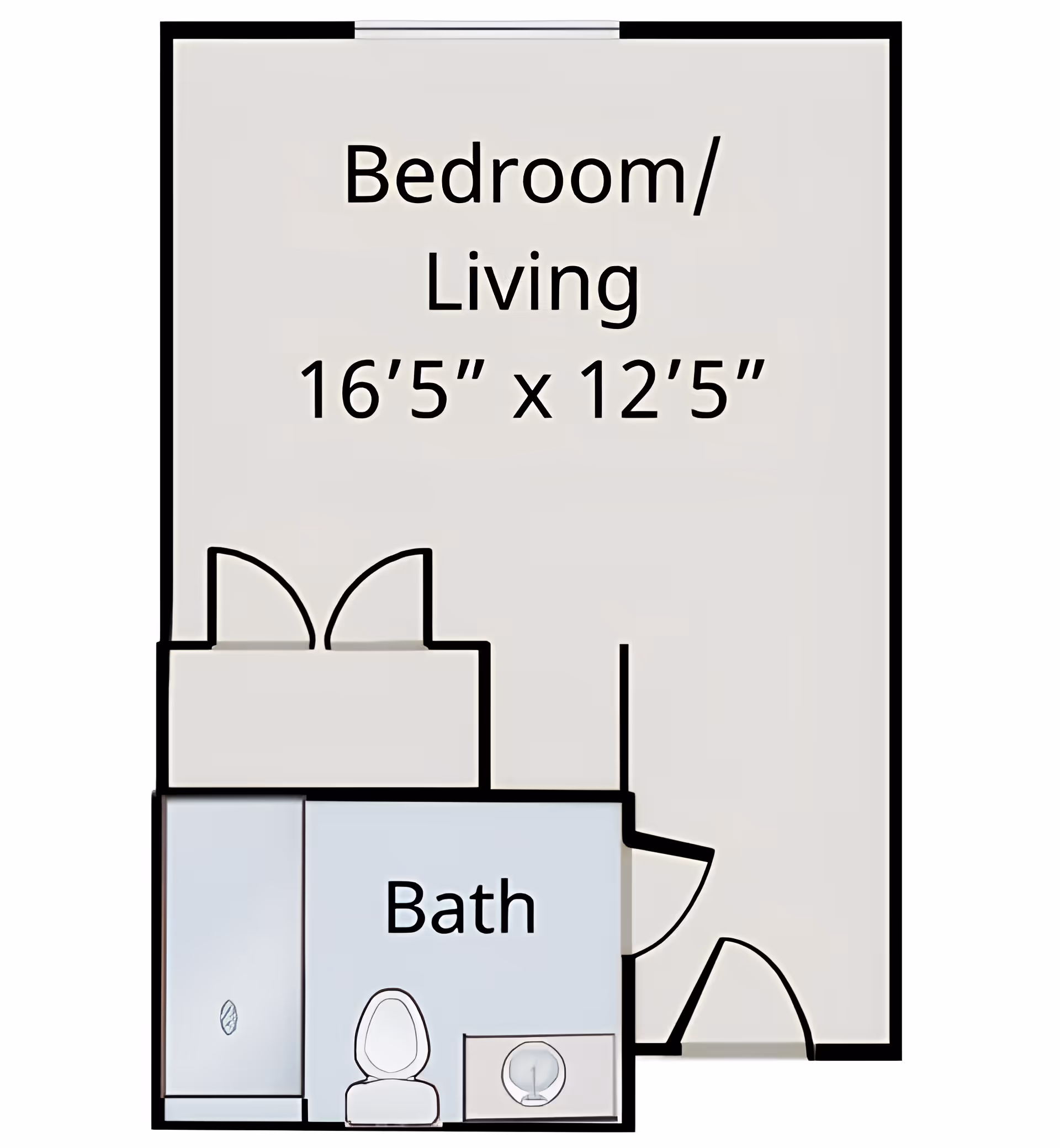 Floor plan of a senior living unit showing a combined bedroom and living area measuring 16 feet 5 inches by 12 feet 5 inches, with an attached bathroom that includes a toilet, sink, and shower.