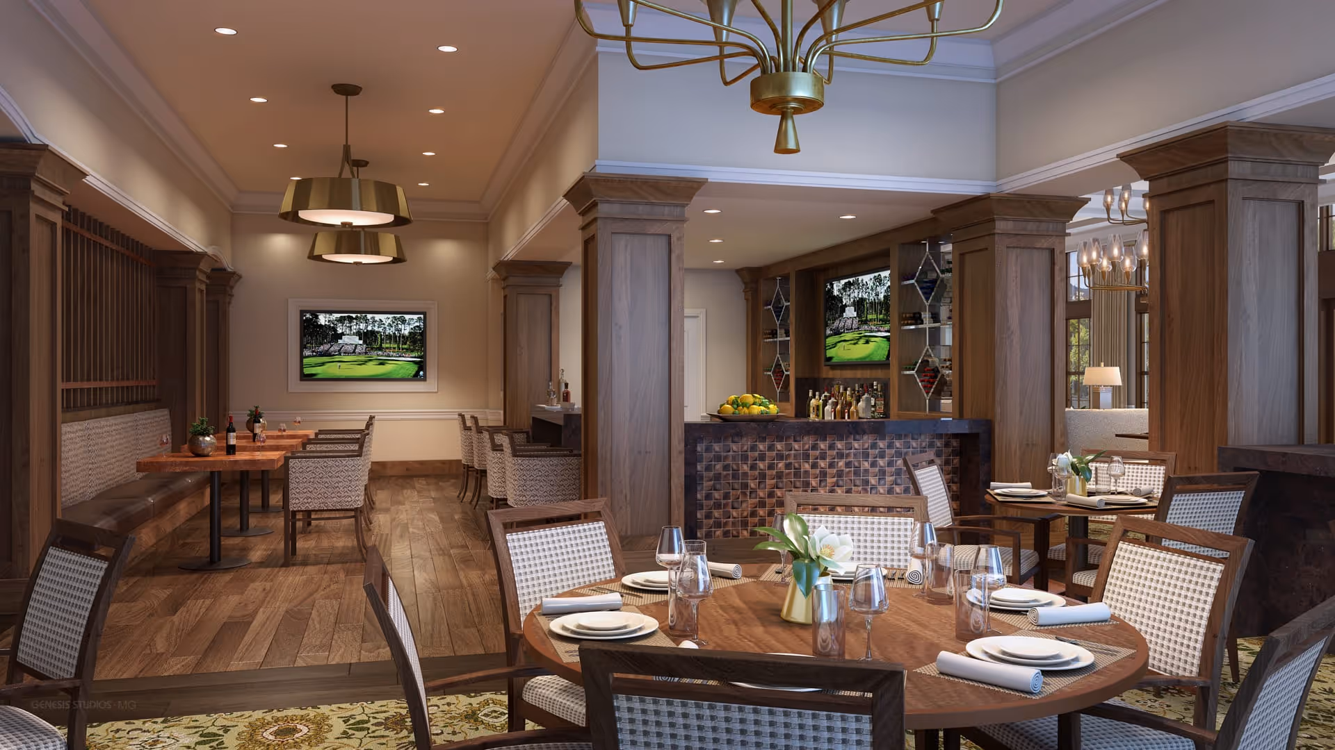 A well-lit dining room with wooden floors and furniture, featuring round and rectangular tables set with plates, glasses, and napkins. The room has elegant light fixtures, wooden columns, and a bar area with bottles and a television mounted above it. The decor includes plants and framed artwork on the walls.