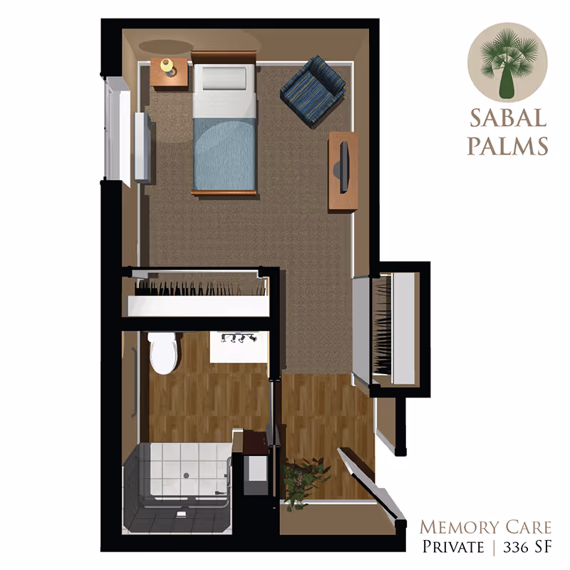Top-down floor plan of a private memory care unit featuring a bedroom with a single bed, nightstand with lamp, armchair, and TV on a stand. The unit includes a bathroom with a toilet, sink, and shower, a closet, and an entry area with a plant. The floor plan is labeled Sabal Palms with a palm tree logo and indicates 336 square feet.