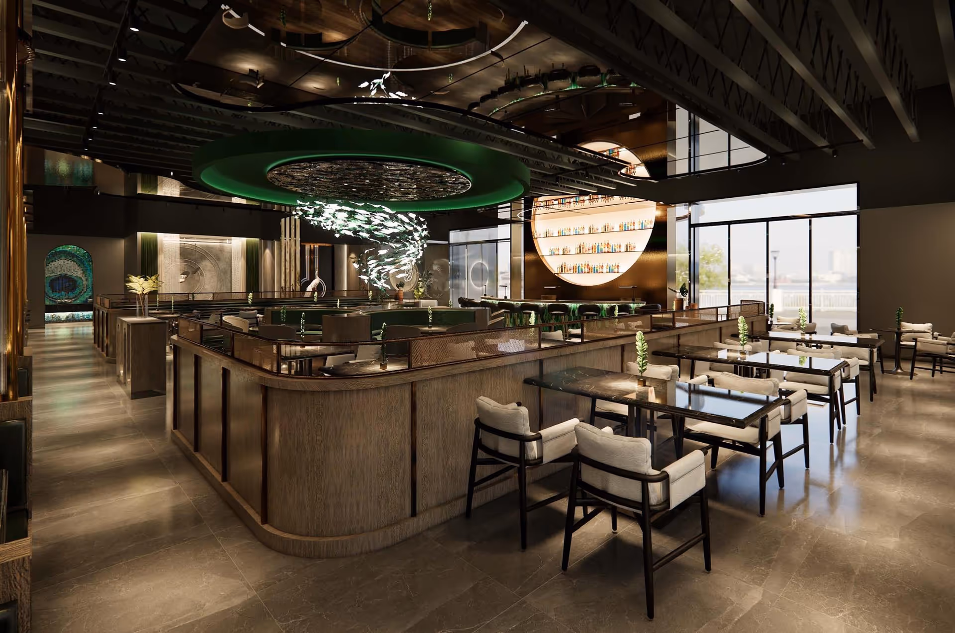 A modern, stylish dining area with multiple tables and cushioned chairs arranged neatly. The space features a large circular green ceiling fixture with an artistic light installation hanging from it. There is a bar area with shelves of bottles illuminated by a large circular light on the wall. Large windows allow natural light to enter the room.