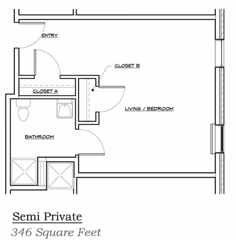 Architectural floor plan of a semi-private living space measuring 346 square feet, showing an entry, bathroom, two closets labeled A and B, and a combined living/bedroom area.