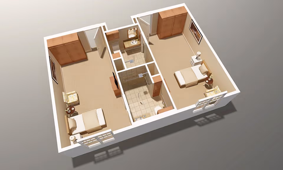 3D floor plan of a living space with two bedrooms, each furnished with a bed, nightstand, chair, and wardrobe. Between the bedrooms is a shared bathroom with a shower, toilet, and sink. The rooms have beige walls and flooring, and the bedrooms have windows with natural light.