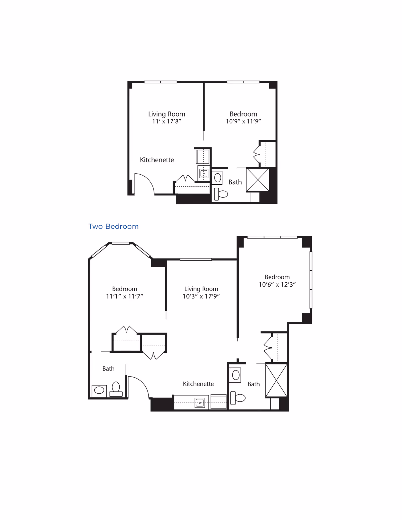 Architectural floor plans showing layouts for one-bedroom and two-bedroom apartments, each including living rooms, bedrooms, kitchenettes, and bathrooms with dimensions labeled.