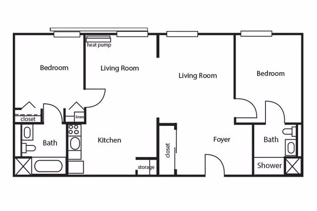Floor plan of a two-bedroom apartment at Mayfair Village Retirement Center, showing two bedrooms, two bathrooms (one with a shower and one with a bathtub), a kitchen, two living room areas, a foyer, closets, linen storage, and a heat pump.