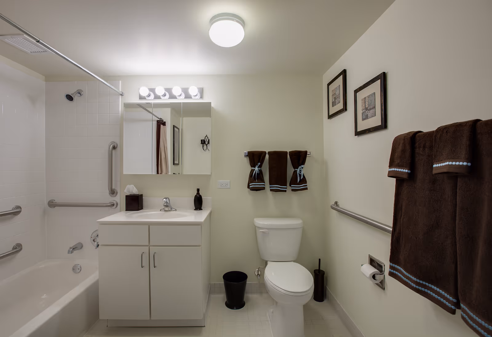 A clean and well-lit bathroom featuring a white bathtub with grab bars, a white vanity with a sink and mirror above it, a toilet, and several brown towels hanging on towel racks. The walls are light-colored with two framed pictures hanging above the toilet.