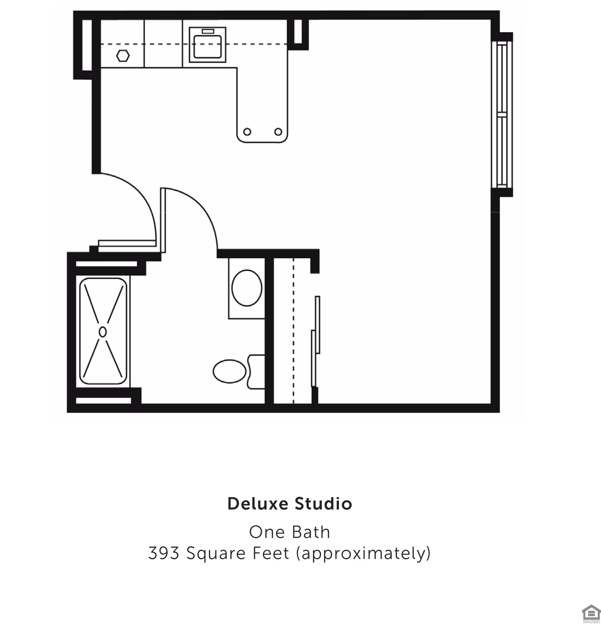Floor plan of a deluxe studio apartment with one bathroom, showing a combined living and kitchen area, a bathroom with a bathtub, toilet, and sink, and an entry door. The total area is approximately 393 square feet.