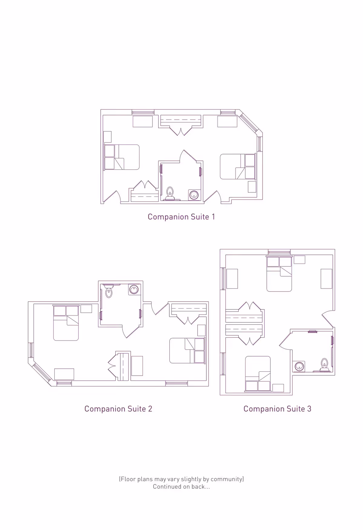 Architectural floor plans for three companion suites labeled Companion Suite 1, Companion Suite 2, and Companion Suite 3, each showing bedroom layouts with beds, closets, and bathrooms.