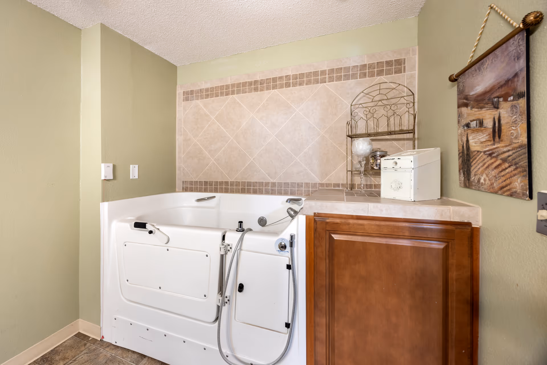A walk-in bathtub with safety handles and a handheld showerhead installed in a bathroom with light green walls and beige tiled backsplash. Next to the bathtub is a wooden cabinet topped with a decorative metal rack holding a glass container and a white box. A framed landscape painting hangs on the wall above the cabinet.