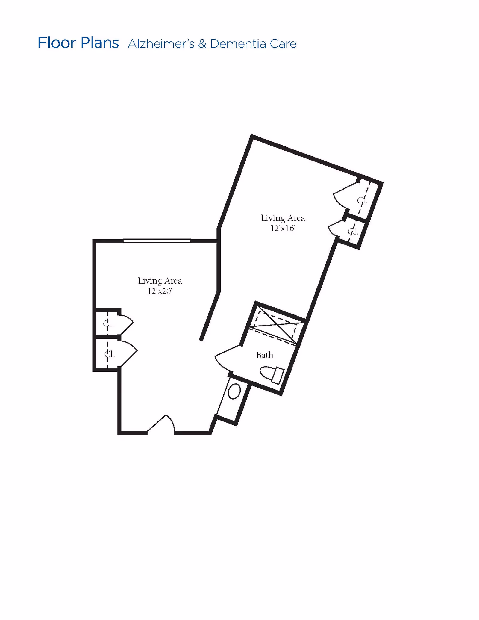 Floor plan layout for Alzheimer's and Dementia Care showing two living areas measuring 12'x20' and 12'x16', a bathroom, and closets.