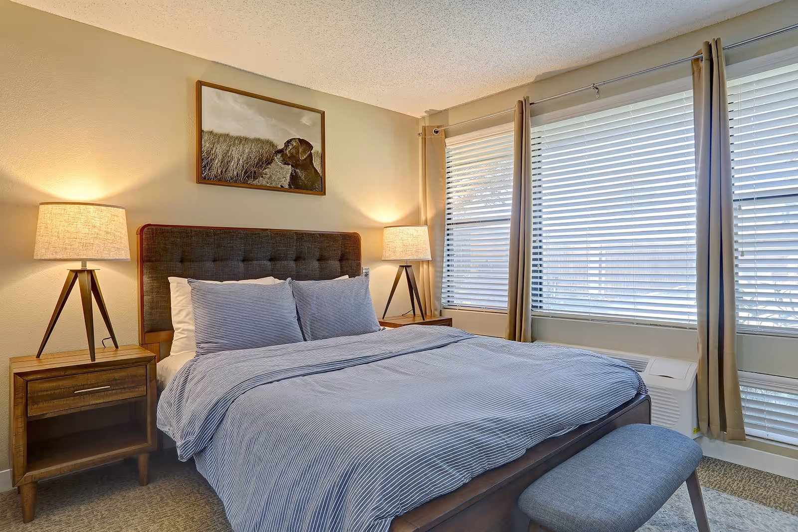 A cozy bedroom with a large bed featuring a tufted headboard, blue striped bedding, and two pillows. There are two wooden nightstands on either side of the bed, each with a modern tripod lamp. A framed picture of a dog in a field hangs above the bed. The room has large windows with white blinds and beige curtains, allowing natural light to fill the space. A small upholstered bench is placed at the foot of the bed.