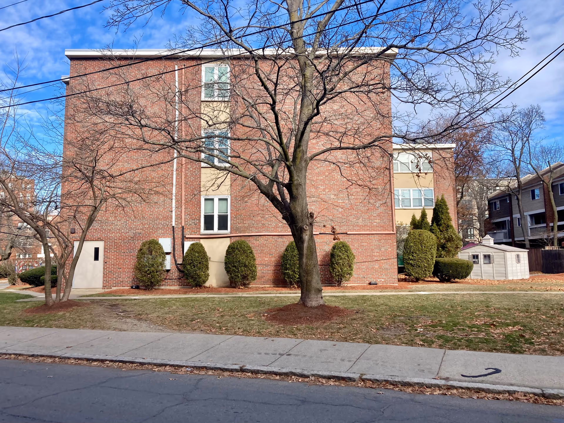Exterior view of a brick building with several windows, a door on the left side, and a large leafless tree in front. There are trimmed bushes along the building and a small white shed to the right. The sky is partly cloudy with blue patches.