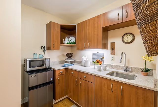 Small kitchenette with wood cabinets, quartz countertop, sink, mini fridge, microwave, and decorative accents.