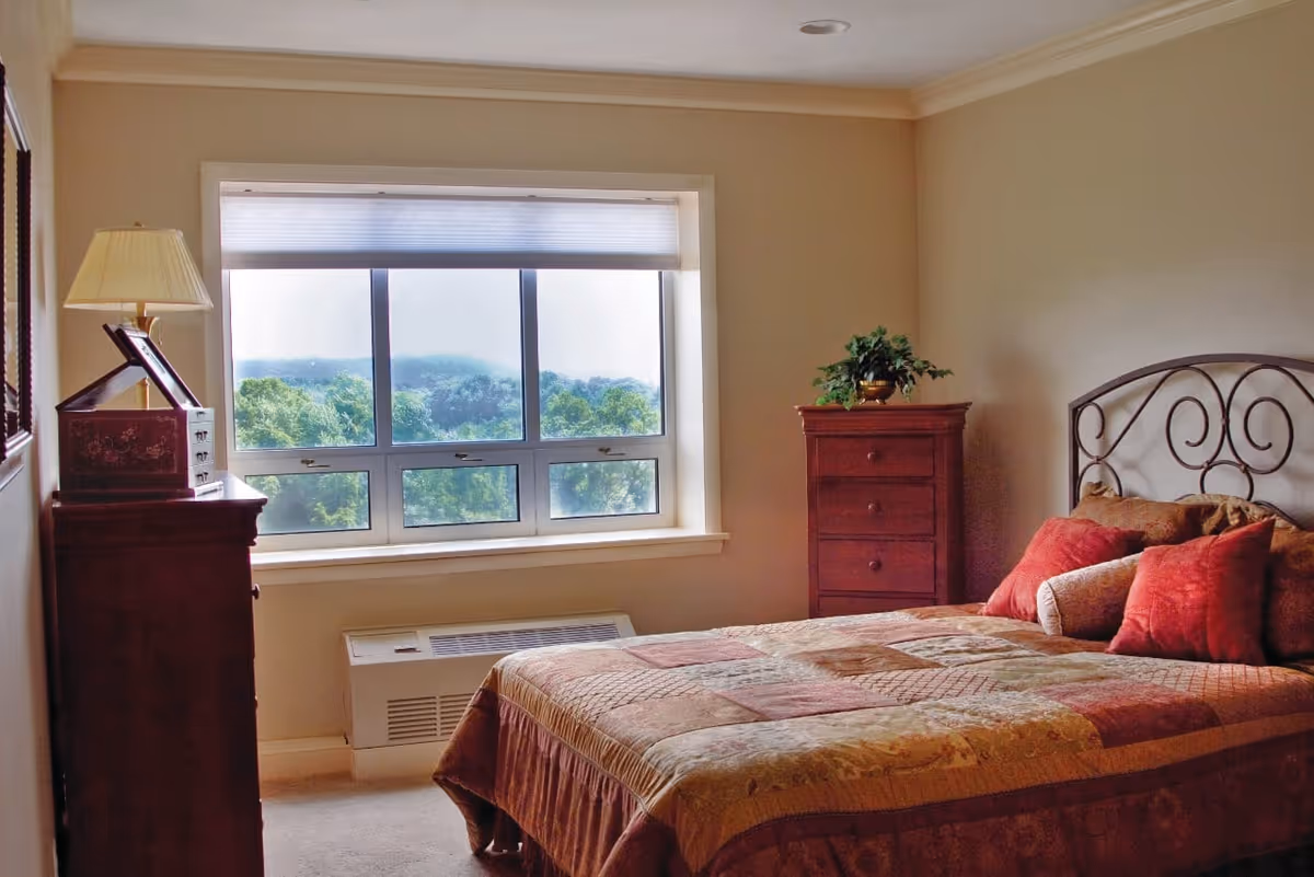A cozy bedroom with a large window showing a view of green trees outside. The room features a bed with a patterned quilt and several pillows, a wooden dresser with a lamp and decorative box, and another wooden chest of drawers with a potted plant on top.
