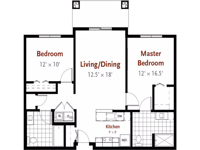 Floor plan of a residential unit at Glenmont Abbey Village showing two bedrooms, a combined living and dining area, a kitchen, and two bathrooms. The master bedroom measures 12 by 16.5 feet, the second bedroom measures 12 by 10 feet, the living/dining area is 12.5 by 18 feet, and the kitchen is 9 by 8 feet. The layout includes labeled rooms and fixtures such as a refrigerator, dishwasher, washer, and dryer.