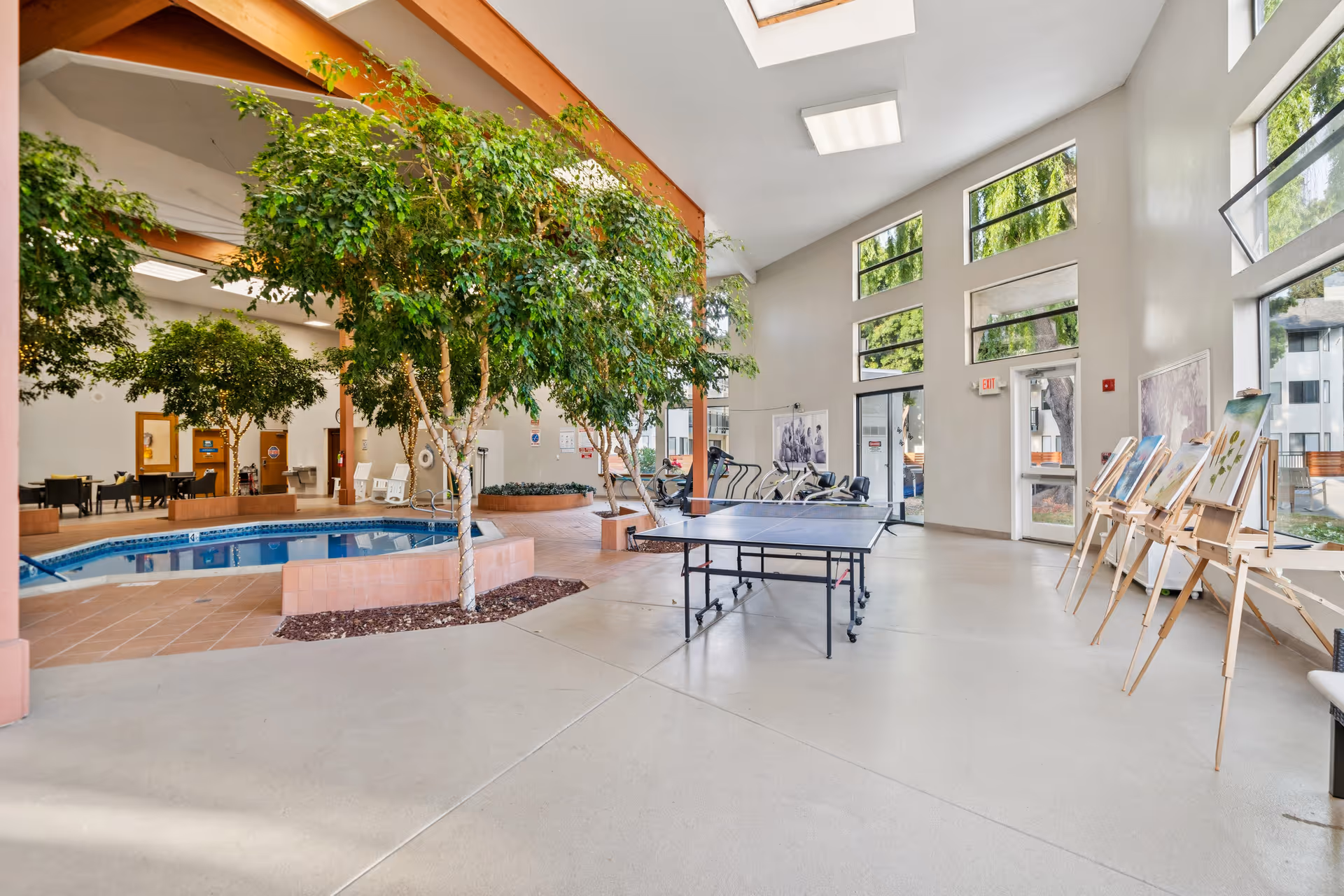 Indoor recreational area with a ping pong table in the center, several large potted trees, a small pool or hot tub, exercise equipment near large windows, and easels displaying artwork along the right wall. The space has high ceilings with skylights and large windows letting in natural light.