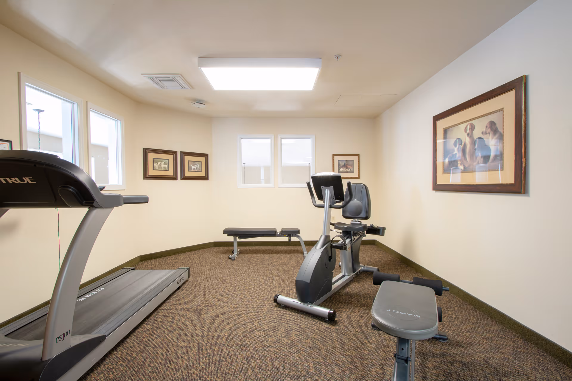 A small exercise room with a treadmill, a recumbent stationary bike, and a weight bench. The room has beige walls, carpeted floor, three windows, and framed pictures on the walls.