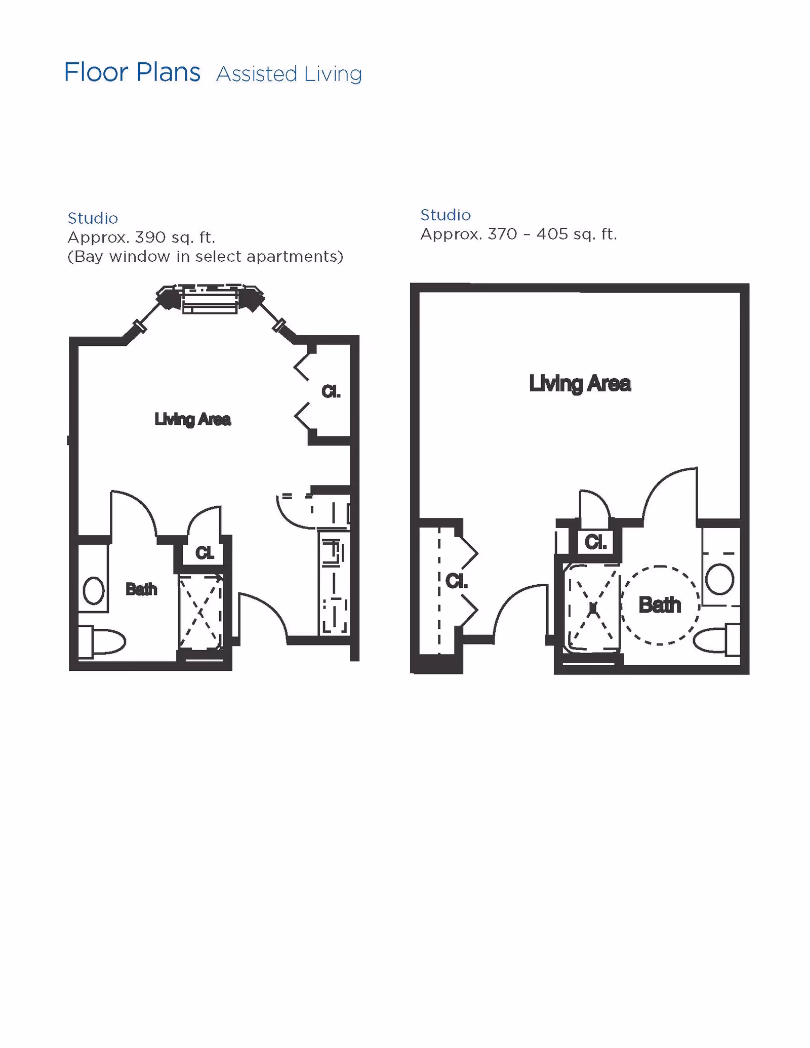 Floor plans for two studio assisted living apartments at Brookdale Pearland. The left plan shows a studio of approximately 390 sq. ft. with a bay window in select apartments, including a living area, bathroom, closet, and kitchenette. The right plan shows a studio of approximately 370 to 405 sq. ft. with a living area, bathroom, and closets.