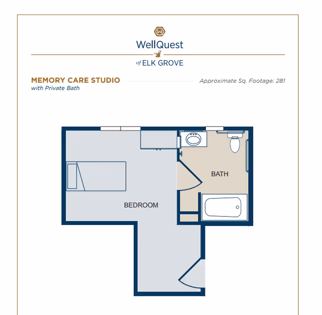 Floor plan of a memory care studio at WellQuest of Elk Grove showing a bedroom with a bed and a private bath including a sink, toilet, and bathtub. The approximate square footage is 281.