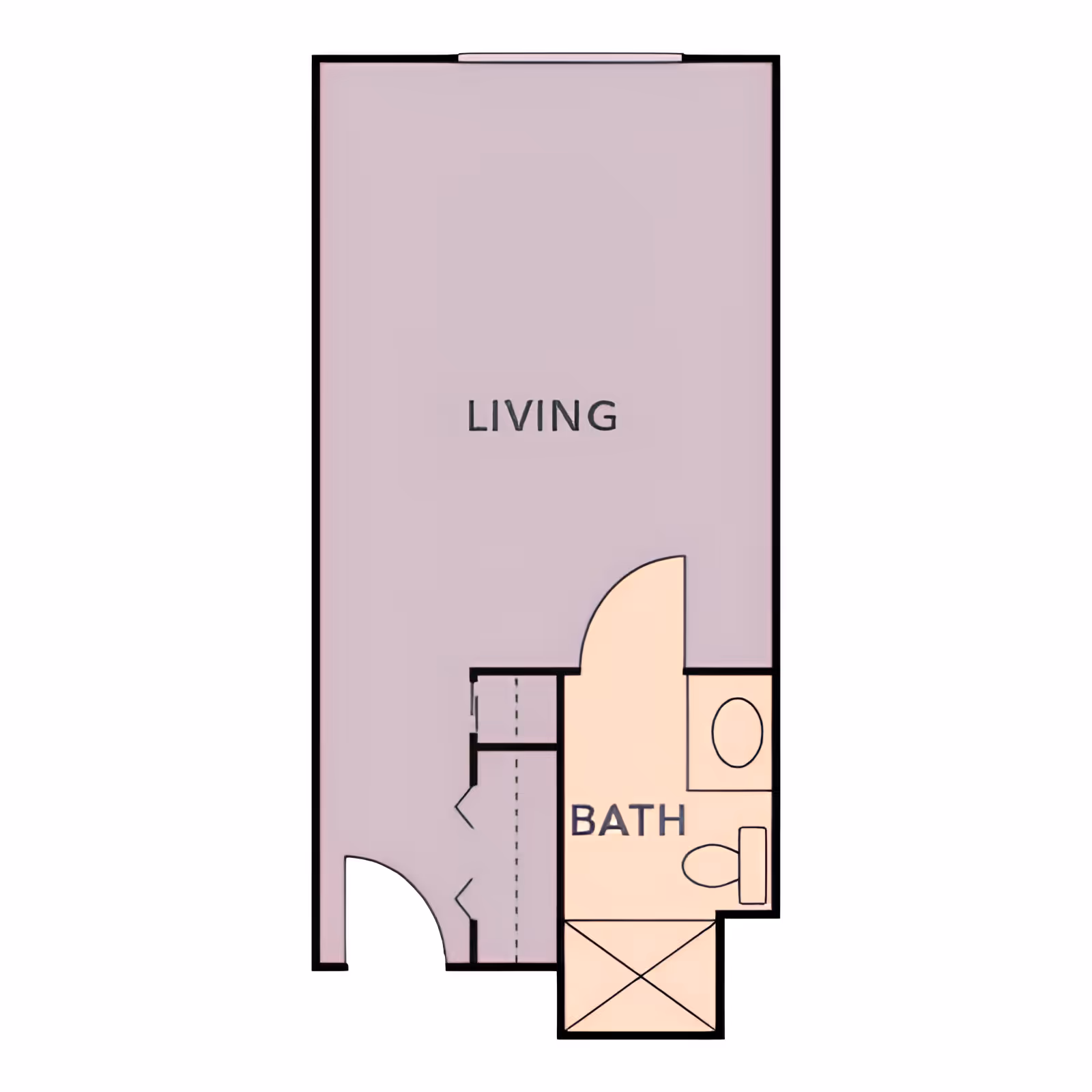 Simple studio floor plan showing a large living area with an adjacent bath, closet, and entry.
