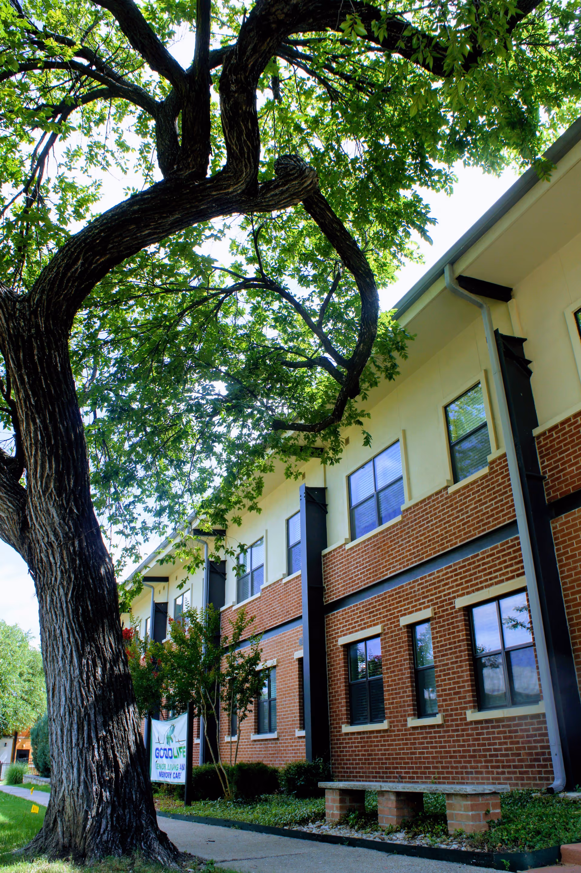 Exterior view of a two-story brick and beige building with multiple windows, a large tree with green leaves in the foreground, and a sidewalk leading past the building. A sign near the building reads 'Good Life Senior Living and Memory Care'.